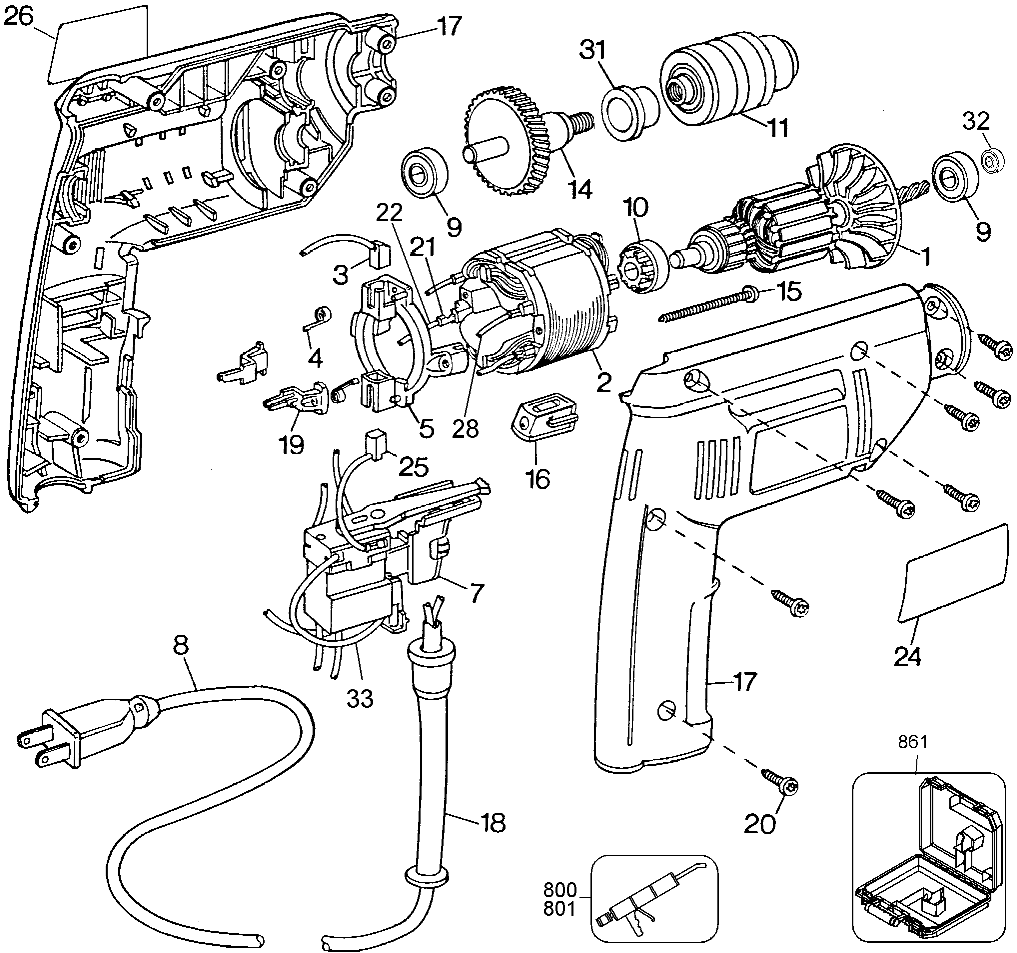 Default Diagram and Parts List for BD1000KB Type 2 Black and Decker Electric Drill